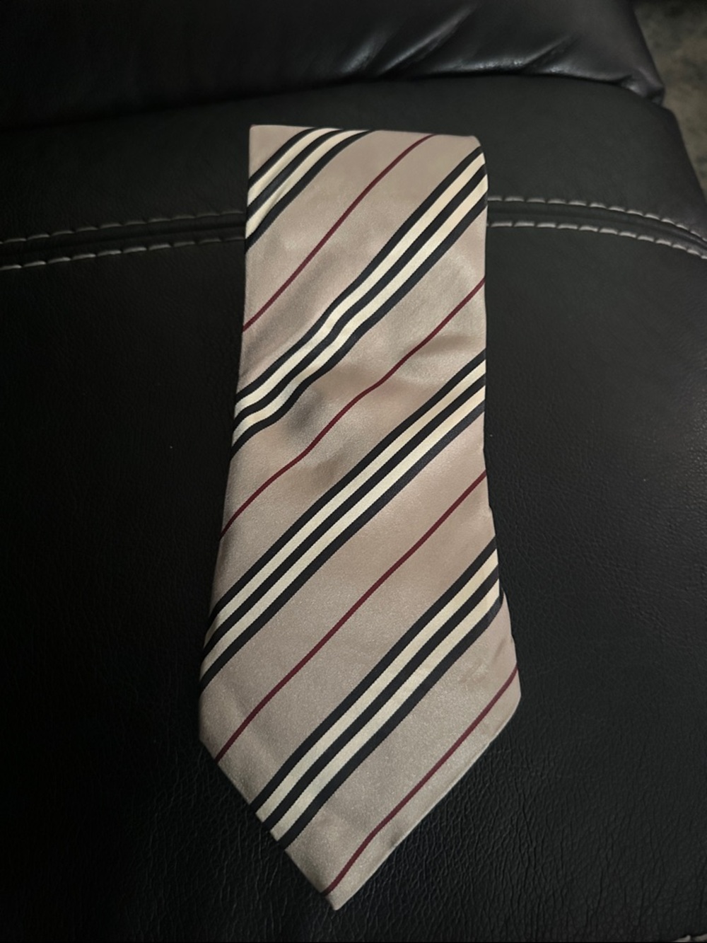 Burberry Beige Silk Tie with Black and Burgundy Stripes